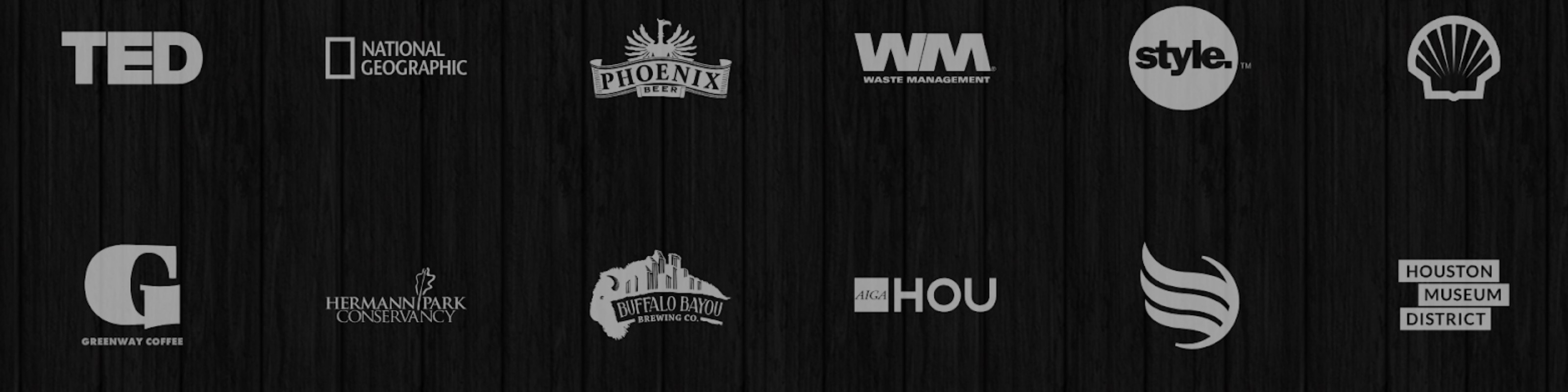 Client logos including TED, National Geographic, Shell and Buffalo Bayou Brewing